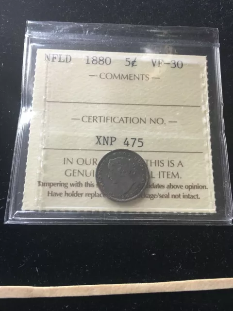1880  ICCS Graded Newfoundland, ¢5 Cent, **VF-30**