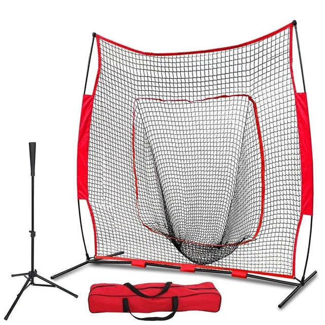 7'×7' Pro-Style Batting Tee+Baseball Softball Practice Net w/Bag and Frame Bow