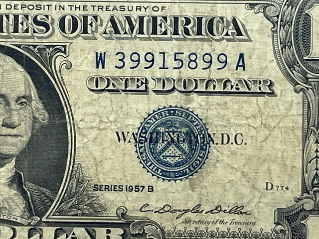 Series 1957 B Silver Certificate One Dollar Bill W39915899A Blue Seal