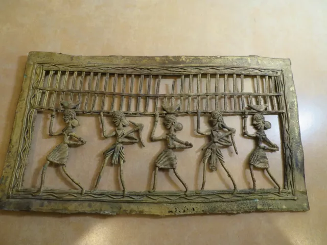 Vintage Antique Hand Crafted Brass Bastar Panel 5 Figure Wall Decor