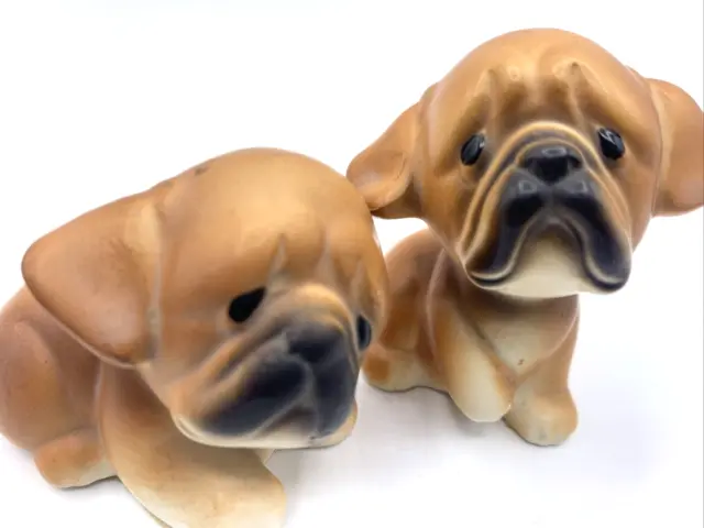 2 Miniature Boxer Dog Puppy Anthropomorphic Sad Face Japan Droopy Figurine Vtg