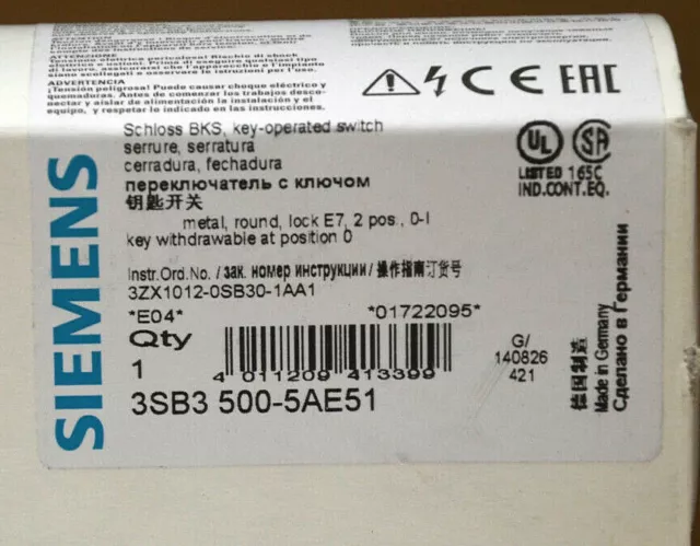 Siemens 3SB3500-5AE51 SCHLUESSELSCHALTER BKS ohne Schlüssel  NEU NEW OVP