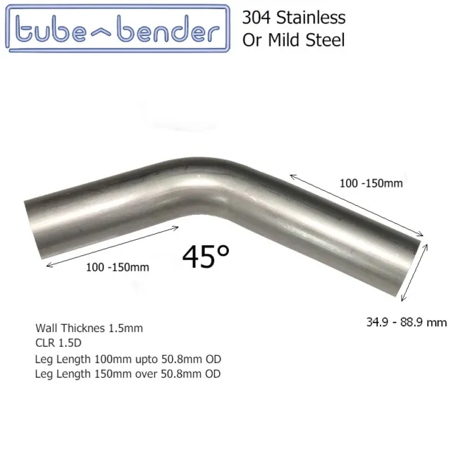 35 mm to 88.9mm 1.5D Mandrel Exhaust Bend 304 Stainless Steel or Mild Steel 3