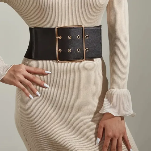 Wide Black Vegan Leather Belt For Women Square Buckle Distressed Waist Belt