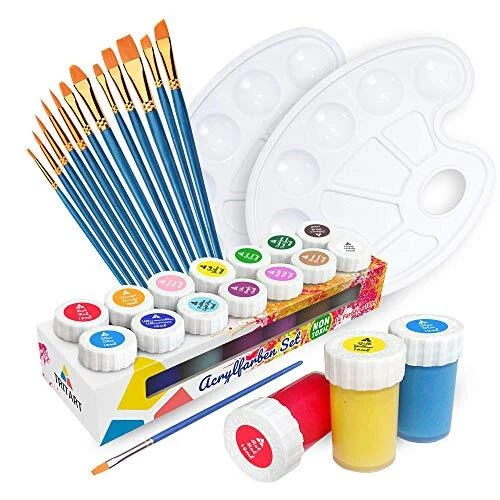 Tritart Kit Peinture Acrylique de 14 Couleurs avec Pinceaux et Palettes de Mé...