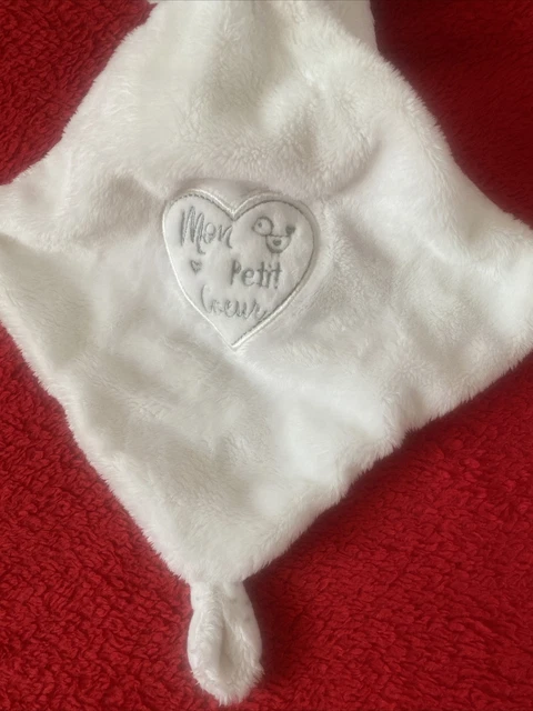 🇫🇷Doudou Lapin Blanc Mouchoir Blanc Gris Mon Petit Cœur POMMETTE 100 % NEUF 3