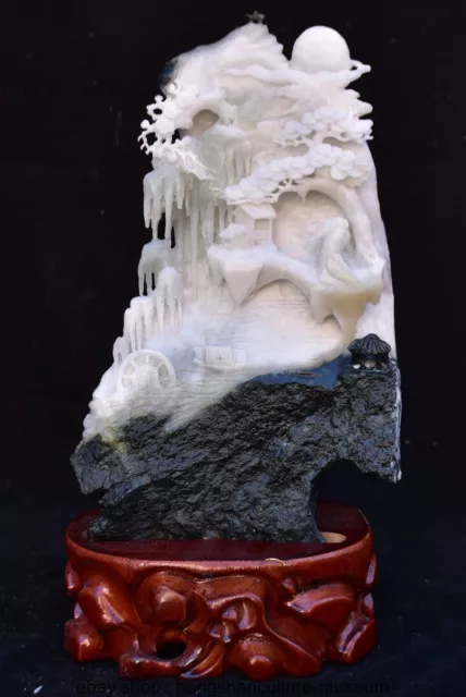 12.4 " Chinese Natural Dushan Jade Carved Mountain Tree Figure Boat Statue
