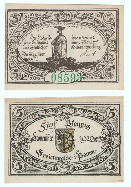 💙FREIENWALDE in Pommern / CHOCIWEL: "Denkmal 1813 • Wappen", 5 Pfg. NOTGELD.