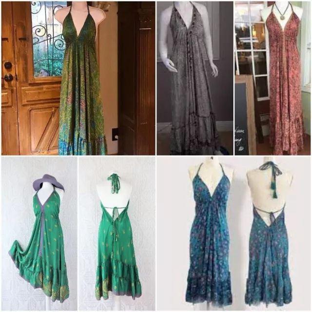 10 PC Indian Vintage Recycle Sari Silk Maxi Beach Sundress Boho Gypsy Dress