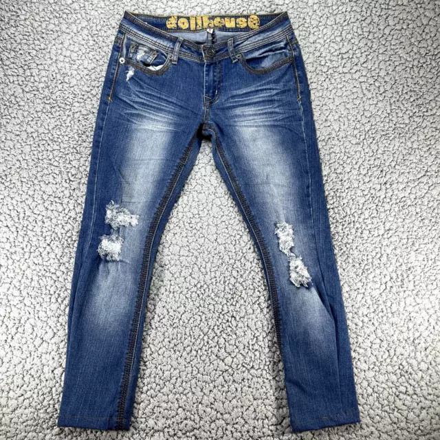 Dollhouse Jeans Womens Size 5 Distressed Roll Up Skinny Capri Denim Flag Pockets 2
