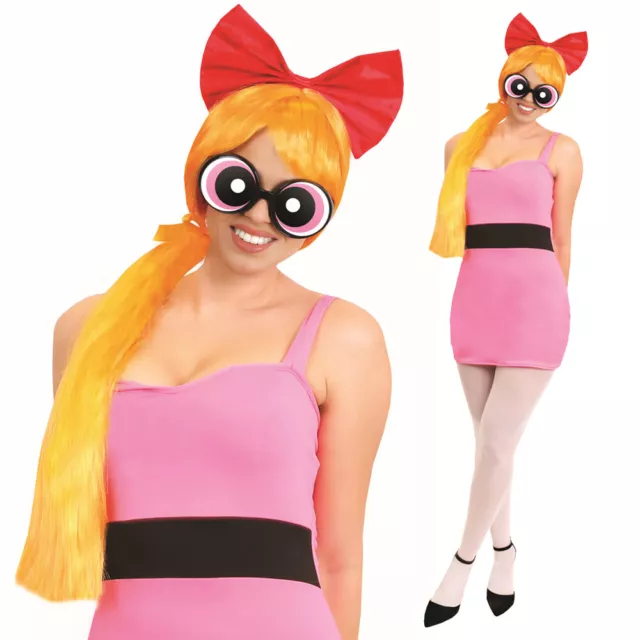 LADIES 1990s POWERPUFF GIRLS BLOSSOM COSTUME & ACCESSORY SET ADULTS FANCY DRESS