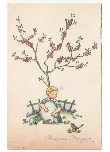 1956 bambino uovo pettirosso cartolina Buona Pasqua augurale d'epoca