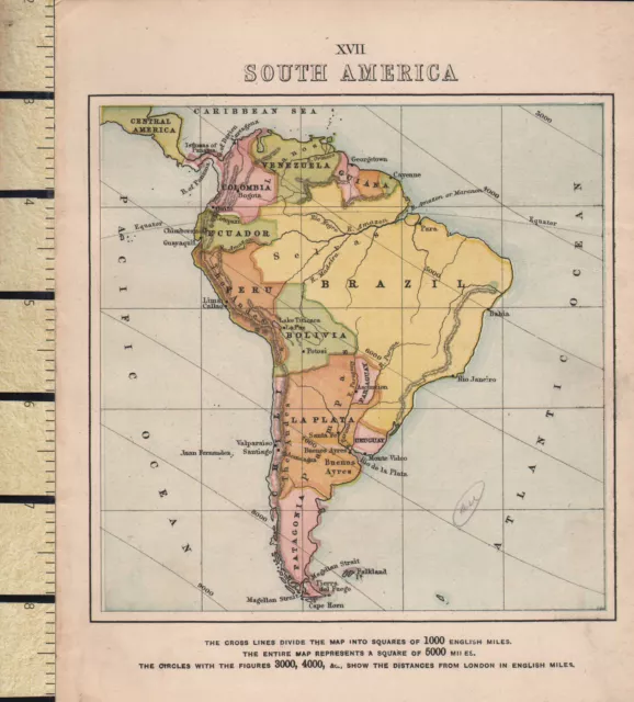 c1880 VICTORIAN MAP ~ SOUTH AMERICA ~ BRAZIL PERU LAPLATA BOLIVIA