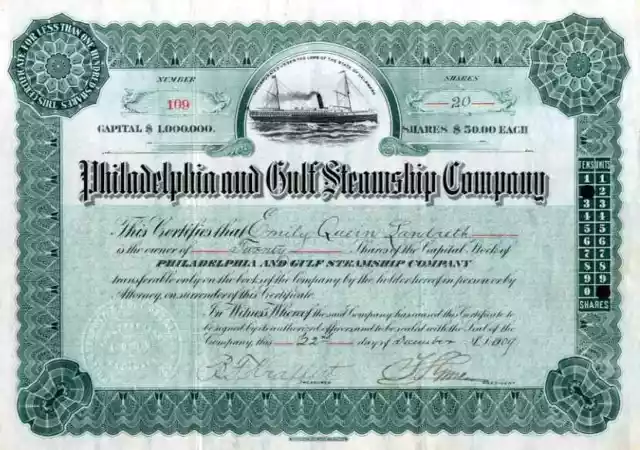 1909 Philadelphia & Gulf Steamship Stock Certificate