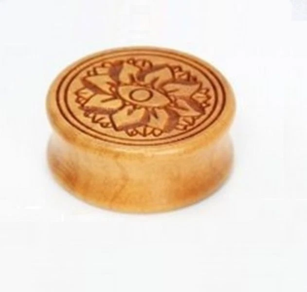 PAIR of Wood Organic Saddle Plugs with Carved Lotus Flower 10mm-28mm