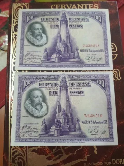 Pareja Correlativa 100   Pesetas  Cervantes 1928  Sin  Serie  EBC+