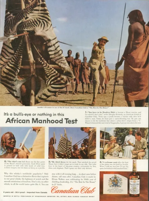 1958 Canadian Club Whisky Masai Warriors Tanganyika Spear Throw Vtg Print Ad L14