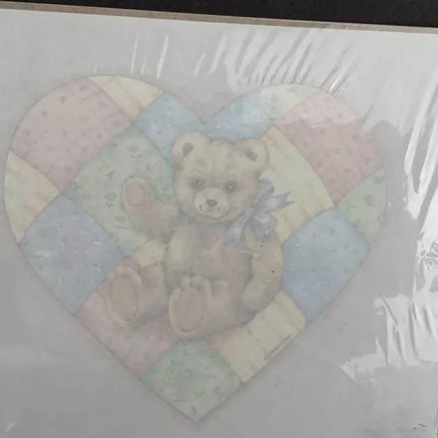 Heartfelt teddy bear inside heart vintage 1990s iron on transfer 7x7"