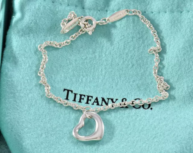 Tiffany & Co Sterling Silver Elsa Peretti Mini Open Heart 7.25" Bracelet & Pouch