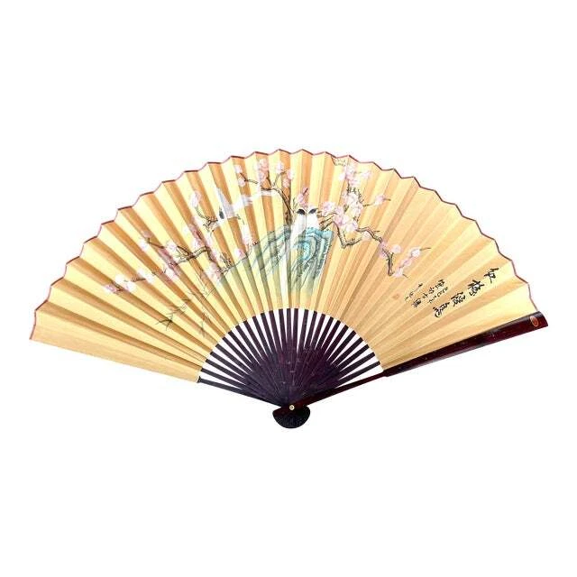 Mid Century Chinese Hand Painted Paper 65" x 35" H Decorative Asian Fan