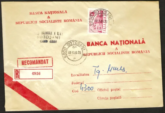 ROMANIA 1983 registered BANKcover BANCA NATIONALA A RSR @ BOTOSANI to TG.MURES