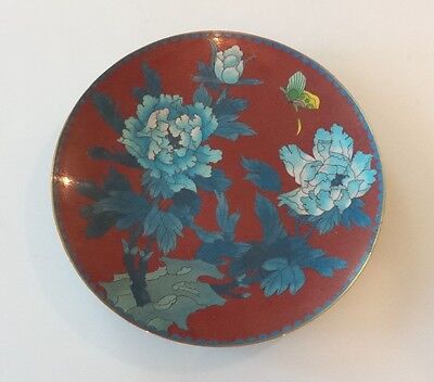 ANTIQUE CHINESE CLOISONNE on BRASS 9.25" PLATE / CHARGER, BUTTERFLY & FLOWERS