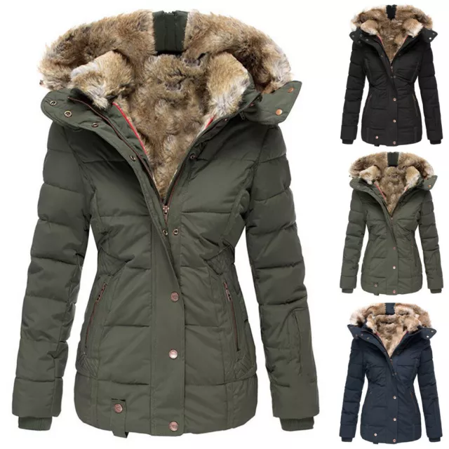 Ladies Quilted Winter Coat Puffer Fur Collar Hooded Jacket Parka Outwear Warm