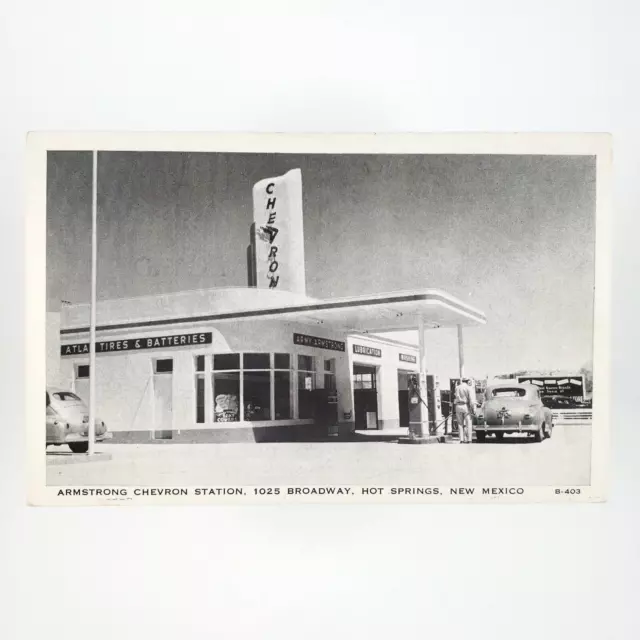 Armstrong Chevron Gas Station Postcard 1940s Hot Springs New Mexico Car A4042