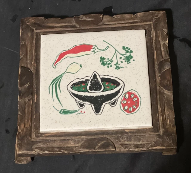 Mexican Folk Tile Dal-Tile Yellow Brown Tile Footed Wood 6" Trivet Vintage