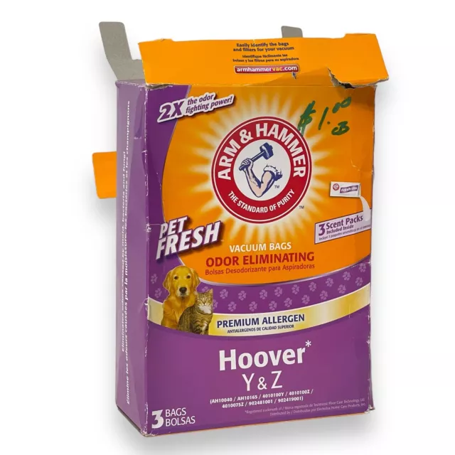 Arm & Hammer Hoover Vacuum Bags Type Y & Z PET FRESH Odor Eliminating 2-Pack