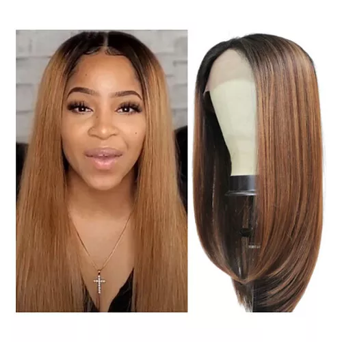 Perücke synthetic Lace Front Wig, Ombre Brown Yaki Straight Hair, 18 Inches