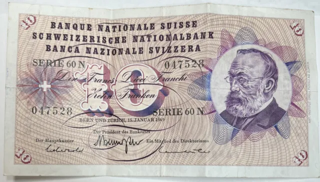 Banque Nationale Suisse 10 Franc Banknote 1969 Crisp Switzerland    Lot - FL/374