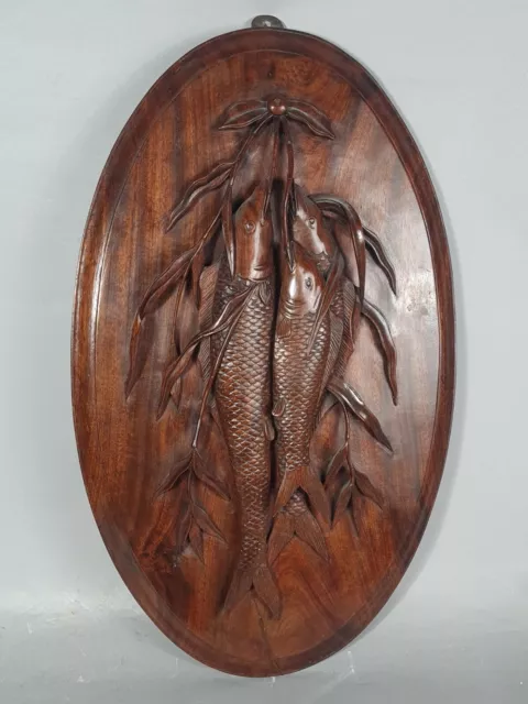 Antiguo Cuadro Madera Tallado De Peces Aprox. 1900 57x35CM Muy Bonito Condición