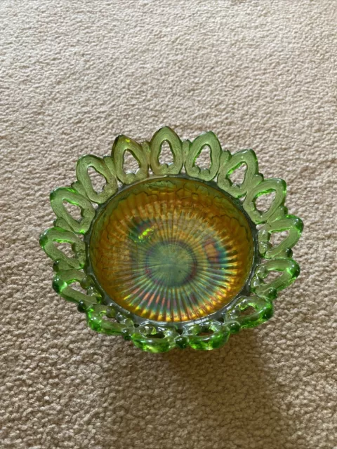 Antique Carnival Glass Northwood Green Daisy Plume 3 Footed Candy Nut Dish