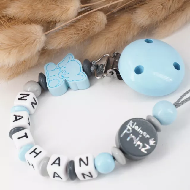 Schnullerkette mit Namen Junge kleiner PRINZ & ELEFANT blau grau Geschenk Baby