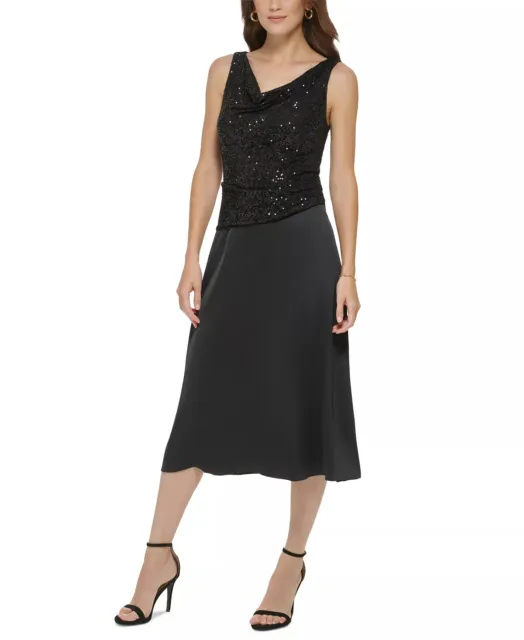 DKNY Cocktail Dress Black Sequin Satin Cowl Neck Midi Size 16 NWT $229
