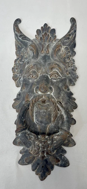 Huge Heavy Antique Figural Cast Iron North Wind Horned Door Knocker