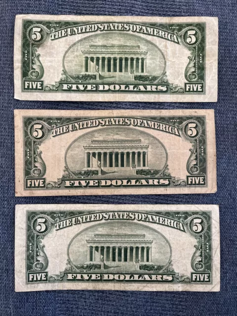 1934-A,B,C Silver Certificate 5 Dollars Blue Seal Banknotes Lot Of 3 Notes!! 2