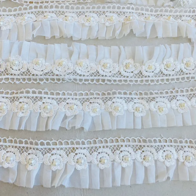 2 Yards Bright White Faux Pearls Embroidery Ruffled Trim/Sewing/Crafts/1.5" Wide