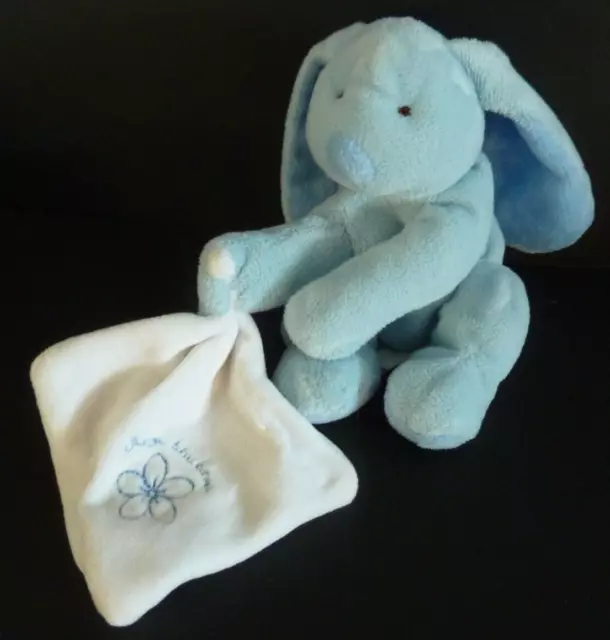 D66. DOUDOU ET COMPAGNIE LAPIN BLEU MOUCHOIR BLANC mon premier doudou fleur -TBE