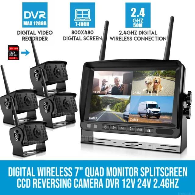 Digital Wireless Backup Camera 7" Quad Split DVR Monitor Rear View For Truck Bus