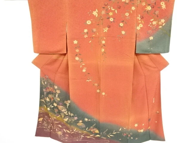 42111# Japanese Kimono / Antique Kimono / Folding Fan Pattern & Floral Plant