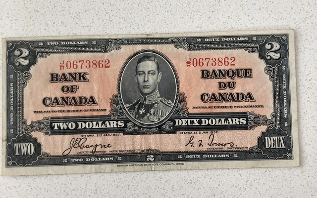 One 1937 Bank of Canada Teo Dollar Bill - Excellent Condition