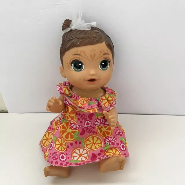 Baby Alive Hasbro Doll Brown Hair 2016 With Dress 13" Sits Kids Hard Plastic