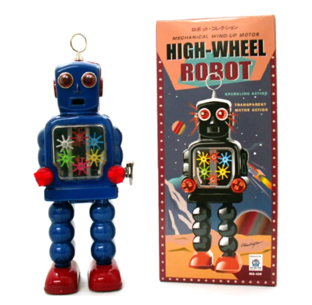 MECHANICAL WINDUP HIGHWHEEL Robot Motor Sparkling Action Tin Toy Blue