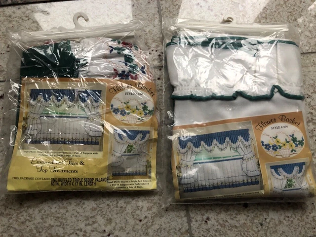 NEW VTG 80s white w/ green Kitchen Curtains Embroidered Flower White w/ Green