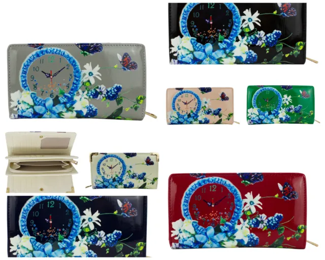 Ladies Flower & Clock Print Purse Women Long Card Money Boxed Wallet Pouch R0004