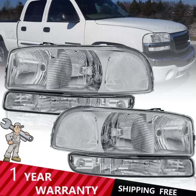 New Chrome Pair Fit 1999-07 GMC Sierra Yukon 1500 2500 Headlight w/Bumper Lamps