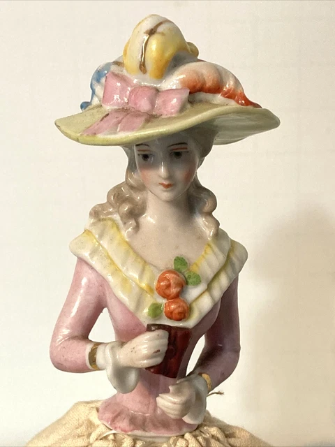 Vintage Ceramic Half Doll with Large Hat - Very Detailed  - Weighted Under Skirt