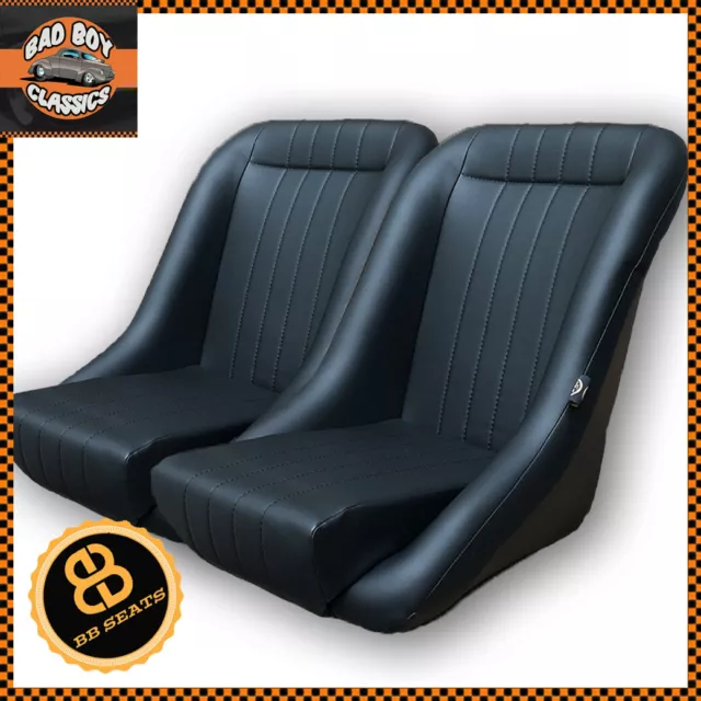 Pair BB1 Clubman Classic Car Bucket Sports Seats Black Soft Grain Vinyl